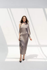 Asymmetric One-Shoulder Midi Dress in Smooth Silk with Draped Neck Scarf Detail